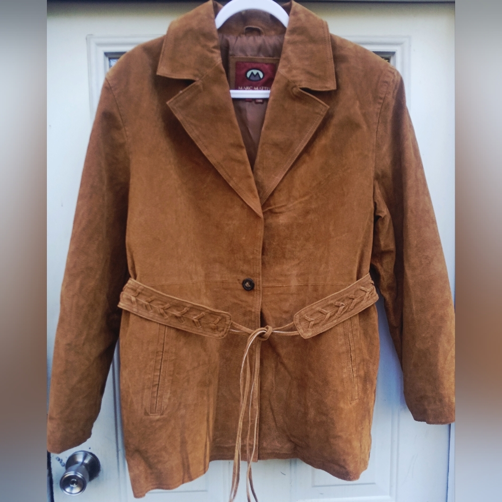 Vntg Marc Mattis Women's Tan Western Style 100% Suede Belted 1 Button Jacket XL